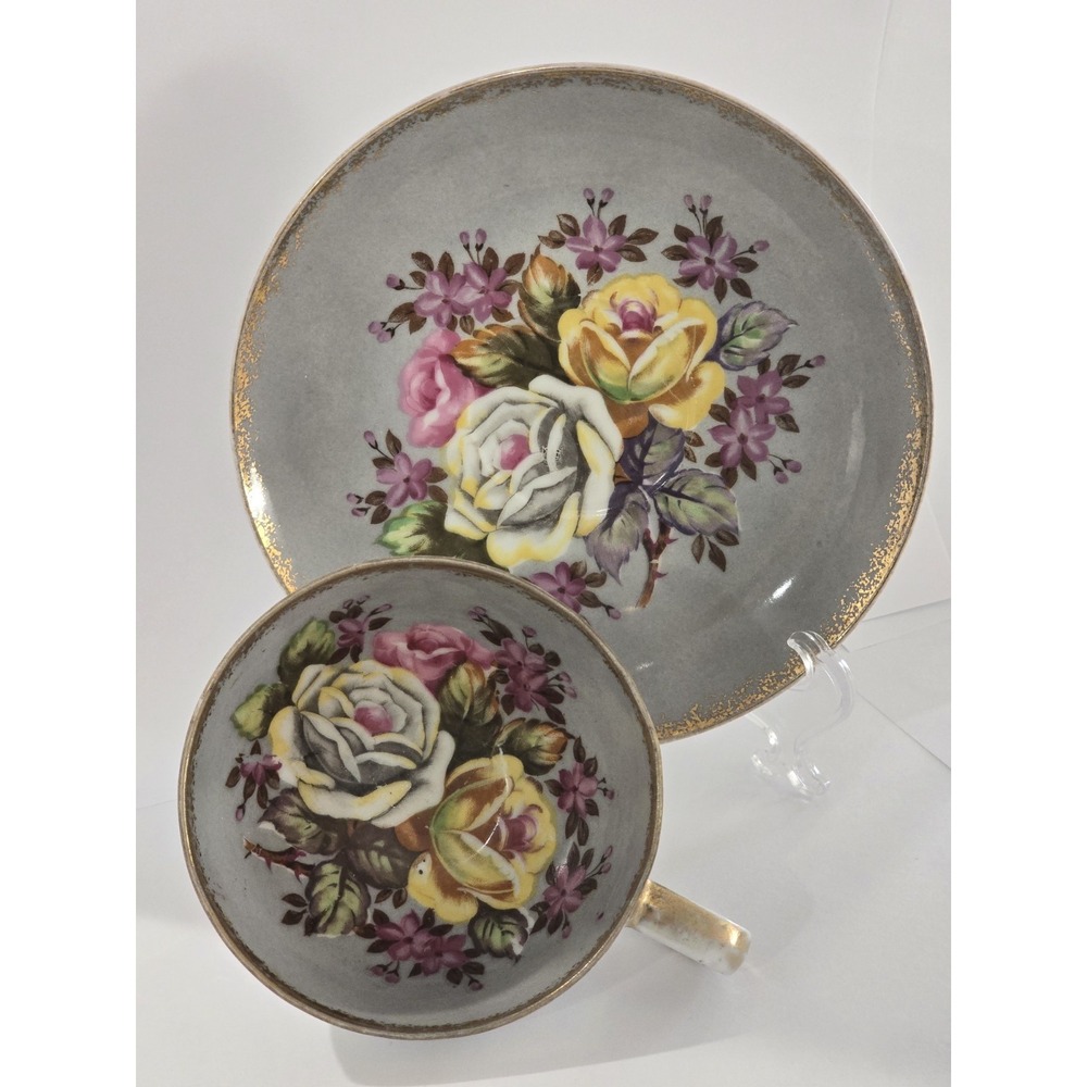 HB China Tea Cup Floral 2191 White Iridescent Gold Trim Gray Lusterware Roses